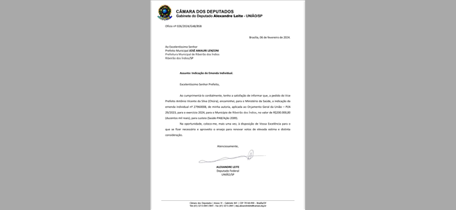 INDICAÇÃO DE EMENDA INDIVIDUAL NO VALOR DE R$200.000,00 PARA RIBEIRÃO DOS ÍNDIOS 